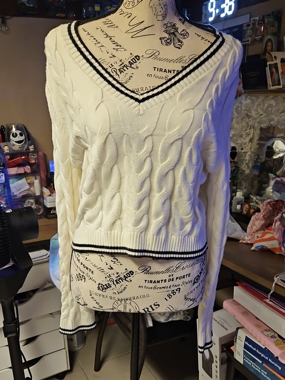 Sincerly Jules Cream Cable Knit V-Neck Sweater with Black Trim